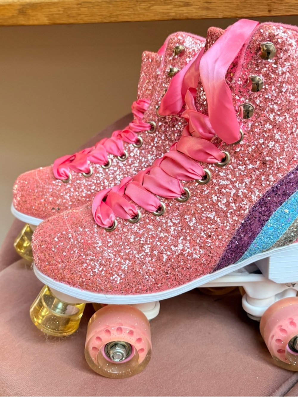 Dolls Kill Pink Glitter Rainbow Stripe Roller Skates - Picture 2 of 4